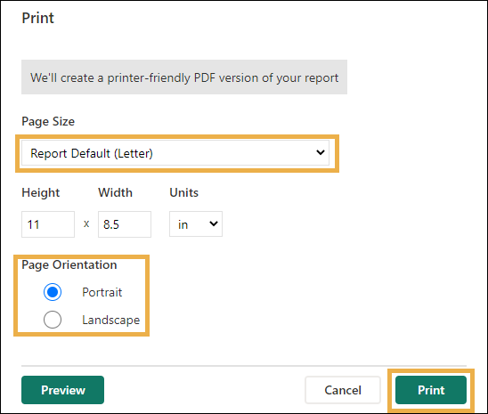 Print settings with yellow boxes around the drop down menu list,the radio button choices and print button.